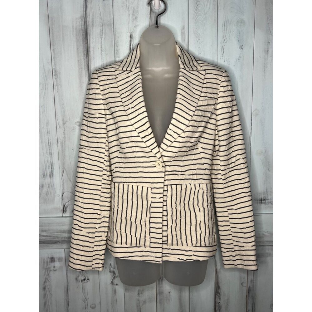 DEREK‎ LAM 10 CROSBY NAVY BLUE IVORY TEXTURED STRIPED ONE BUTTON BLAZER JACKET 2